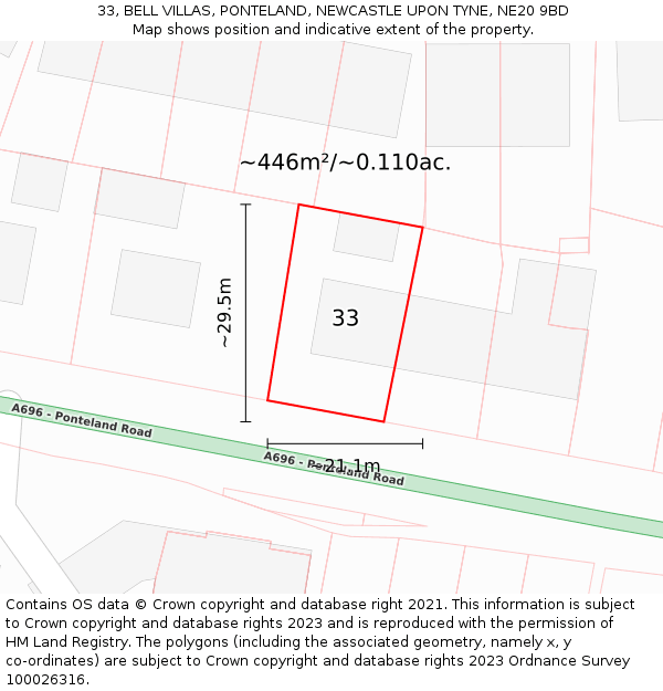 33, BELL VILLAS, PONTELAND, NEWCASTLE UPON TYNE, NE20 9BD: Plot and title map