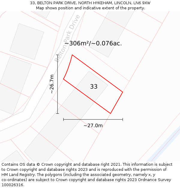 33, BELTON PARK DRIVE, NORTH HYKEHAM, LINCOLN, LN6 9XW: Plot and title map