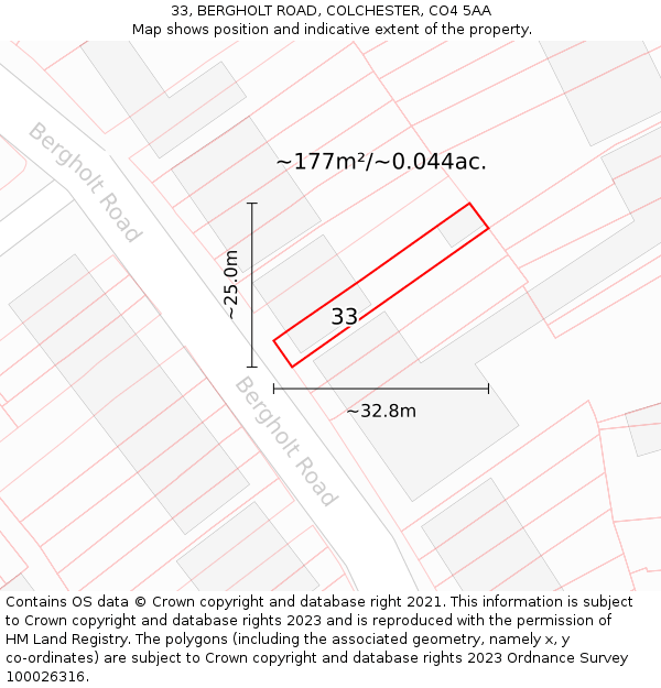 33, BERGHOLT ROAD, COLCHESTER, CO4 5AA: Plot and title map