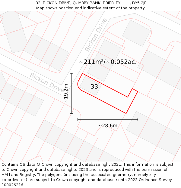 33, BICKON DRIVE, QUARRY BANK, BRIERLEY HILL, DY5 2JF: Plot and title map