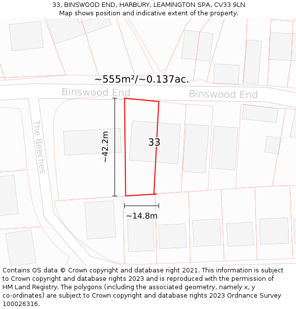 33, BINSWOOD END, HARBURY, LEAMINGTON SPA, CV33 9LN: Plot and title map