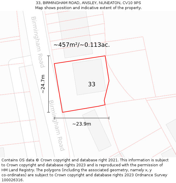 33, BIRMINGHAM ROAD, ANSLEY, NUNEATON, CV10 9PS: Plot and title map