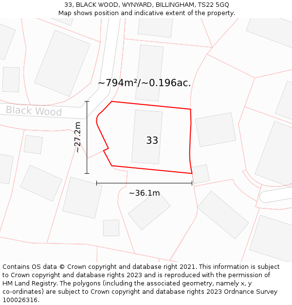 33, BLACK WOOD, WYNYARD, BILLINGHAM, TS22 5GQ: Plot and title map