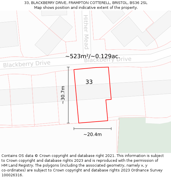 33, BLACKBERRY DRIVE, FRAMPTON COTTERELL, BRISTOL, BS36 2SL: Plot and title map