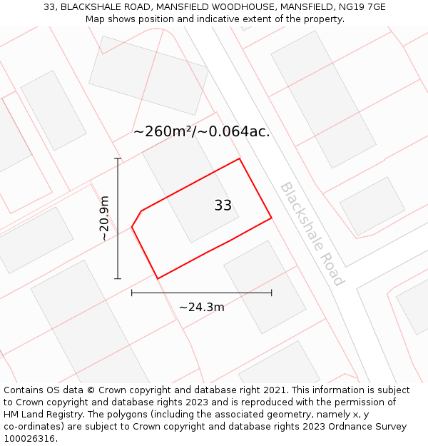 33, BLACKSHALE ROAD, MANSFIELD WOODHOUSE, MANSFIELD, NG19 7GE: Plot and title map