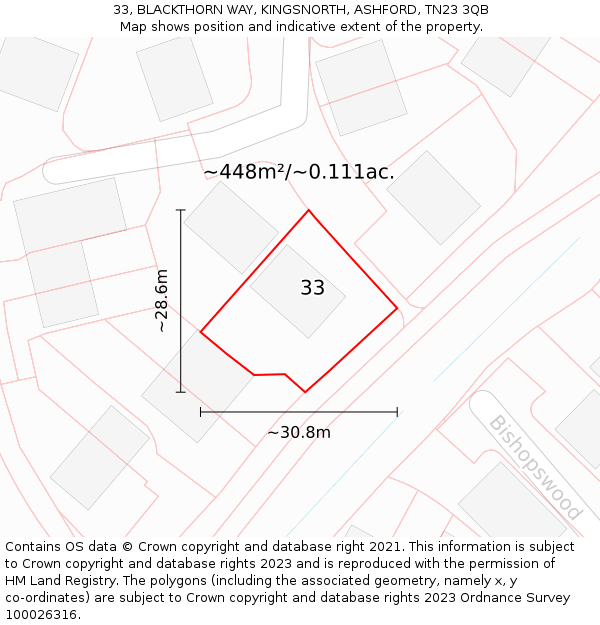 33, BLACKTHORN WAY, KINGSNORTH, ASHFORD, TN23 3QB: Plot and title map