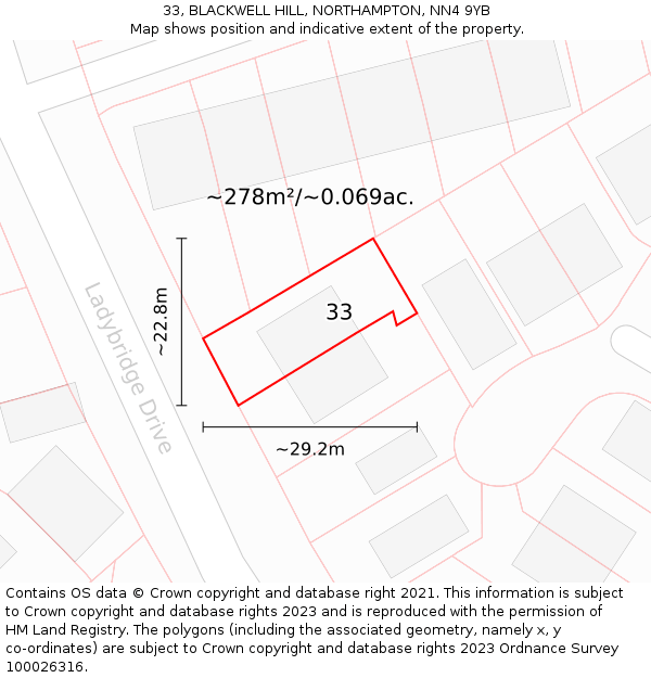 33, BLACKWELL HILL, NORTHAMPTON, NN4 9YB: Plot and title map