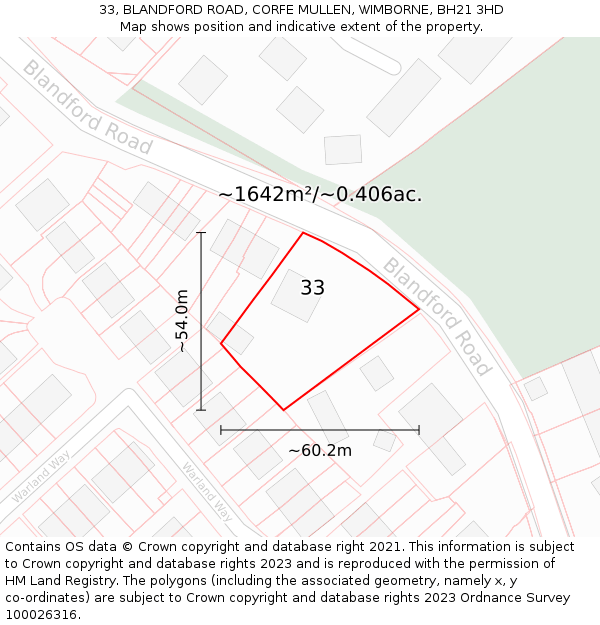 33, BLANDFORD ROAD, CORFE MULLEN, WIMBORNE, BH21 3HD: Plot and title map