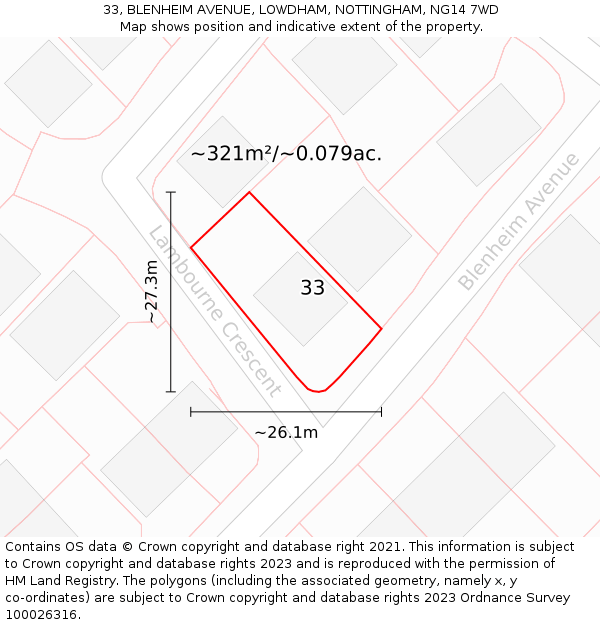 33, BLENHEIM AVENUE, LOWDHAM, NOTTINGHAM, NG14 7WD: Plot and title map