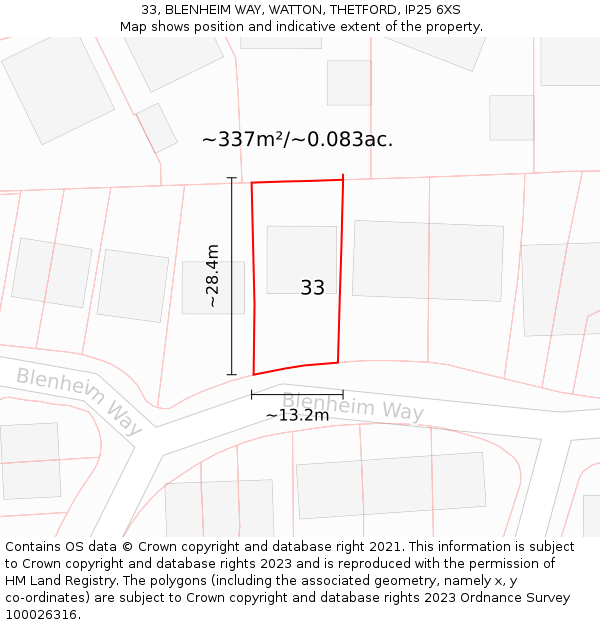 33, BLENHEIM WAY, WATTON, THETFORD, IP25 6XS: Plot and title map
