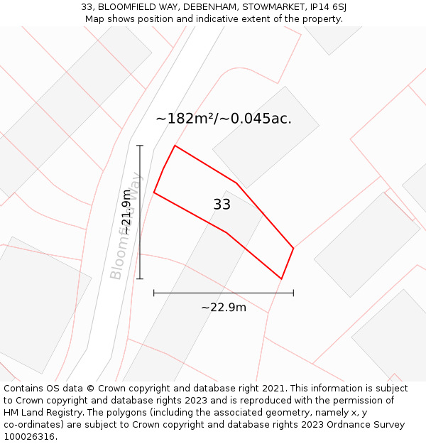 33, BLOOMFIELD WAY, DEBENHAM, STOWMARKET, IP14 6SJ: Plot and title map