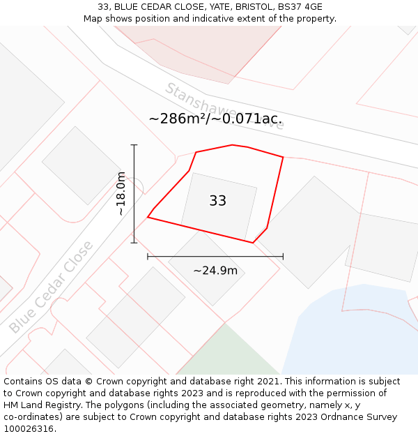 33, BLUE CEDAR CLOSE, YATE, BRISTOL, BS37 4GE: Plot and title map