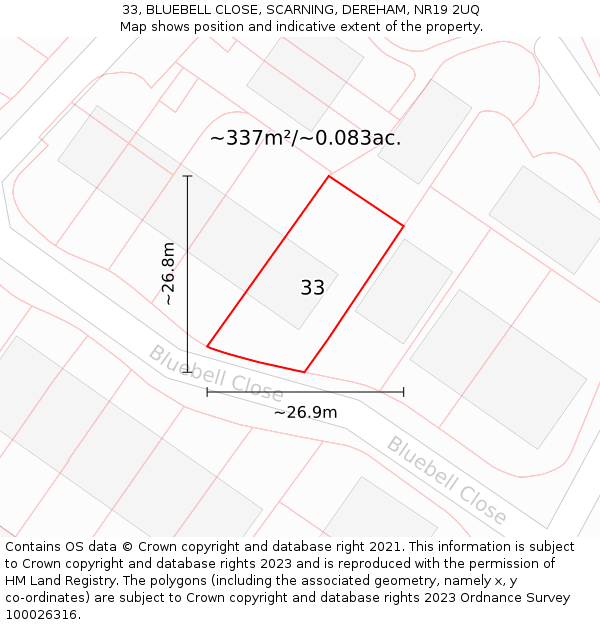 33, BLUEBELL CLOSE, SCARNING, DEREHAM, NR19 2UQ: Plot and title map