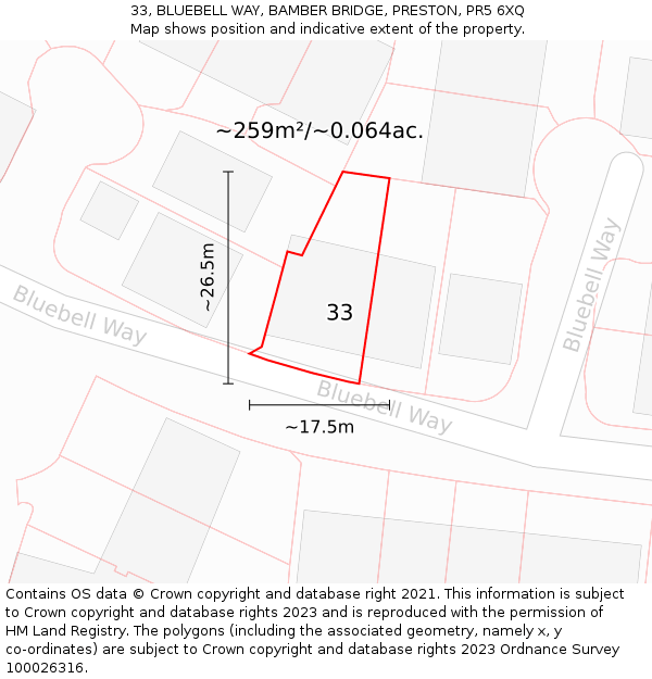 33, BLUEBELL WAY, BAMBER BRIDGE, PRESTON, PR5 6XQ: Plot and title map