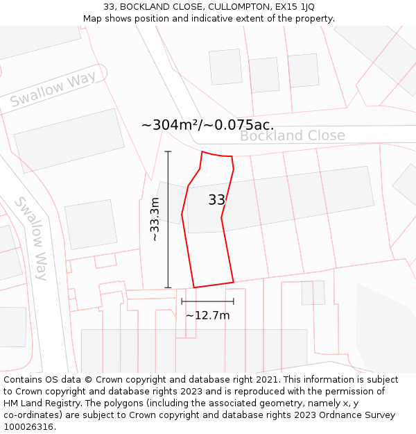 33, BOCKLAND CLOSE, CULLOMPTON, EX15 1JQ: Plot and title map