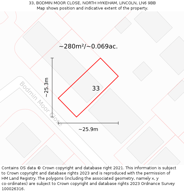 33, BODMIN MOOR CLOSE, NORTH HYKEHAM, LINCOLN, LN6 9BB: Plot and title map
