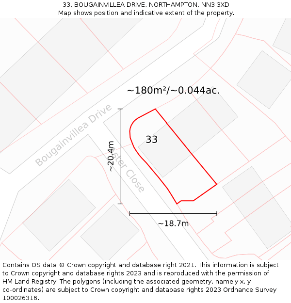 33, BOUGAINVILLEA DRIVE, NORTHAMPTON, NN3 3XD: Plot and title map