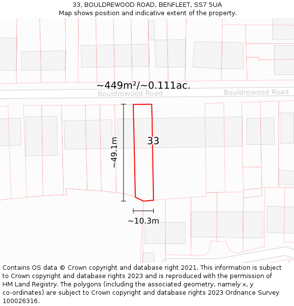33, BOULDREWOOD ROAD, BENFLEET, SS7 5UA: Plot and title map