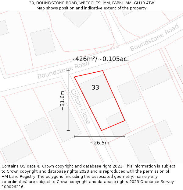 33, BOUNDSTONE ROAD, WRECCLESHAM, FARNHAM, GU10 4TW: Plot and title map