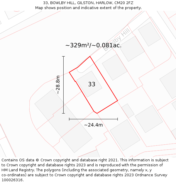 33, BOWLBY HILL, GILSTON, HARLOW, CM20 2FZ: Plot and title map