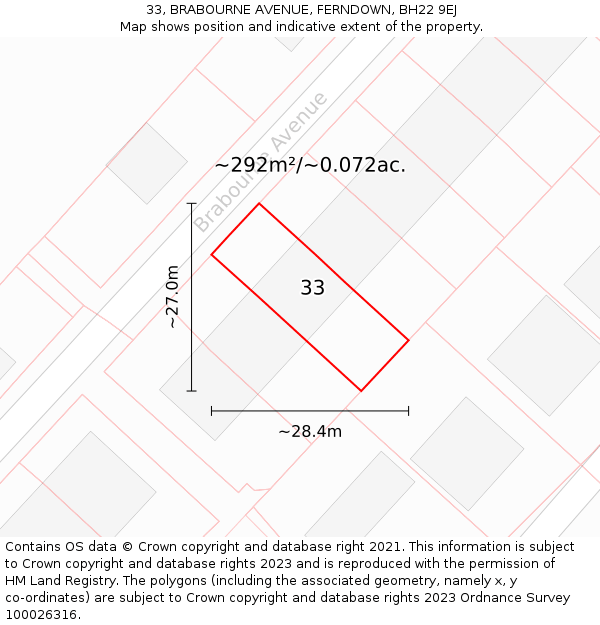 33, BRABOURNE AVENUE, FERNDOWN, BH22 9EJ: Plot and title map