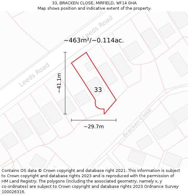 33, BRACKEN CLOSE, MIRFIELD, WF14 0HA: Plot and title map