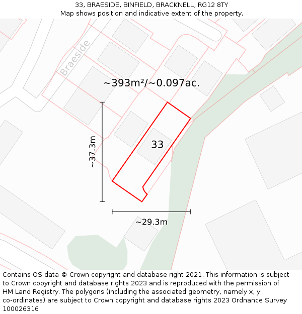 33, BRAESIDE, BINFIELD, BRACKNELL, RG12 8TY: Plot and title map