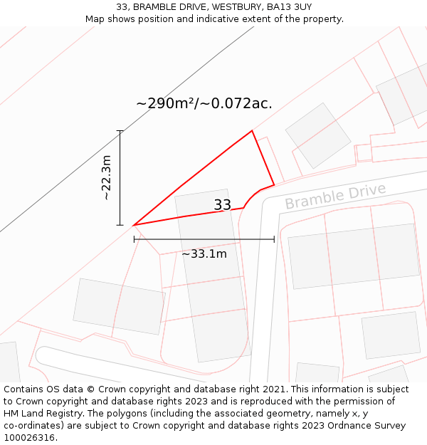 33, BRAMBLE DRIVE, WESTBURY, BA13 3UY: Plot and title map