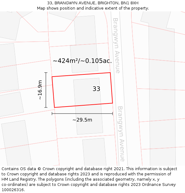 33, BRANGWYN AVENUE, BRIGHTON, BN1 8XH: Plot and title map