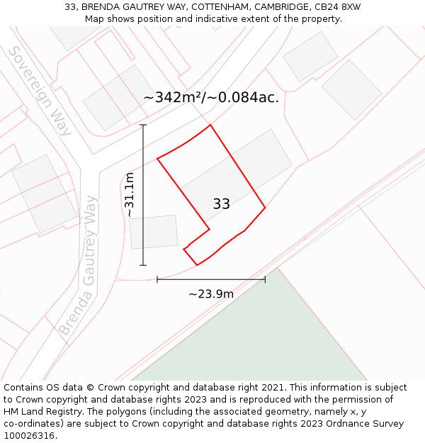 33, BRENDA GAUTREY WAY, COTTENHAM, CAMBRIDGE, CB24 8XW: Plot and title map