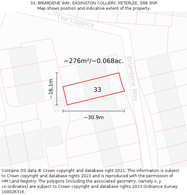 33, BRIARDENE WAY, EASINGTON COLLIERY, PETERLEE, SR8 3NR: Plot and title map