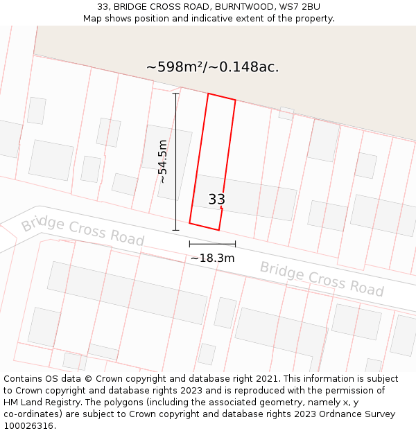 33, BRIDGE CROSS ROAD, BURNTWOOD, WS7 2BU: Plot and title map