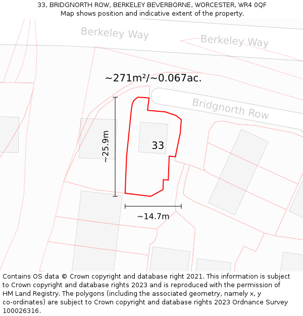 33, BRIDGNORTH ROW, BERKELEY BEVERBORNE, WORCESTER, WR4 0QF: Plot and title map