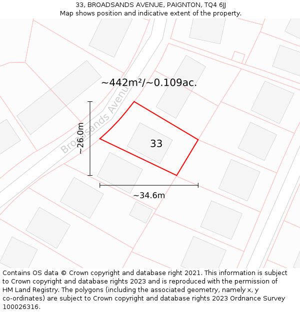 33, BROADSANDS AVENUE, PAIGNTON, TQ4 6JJ: Plot and title map