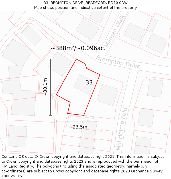 33, BROMPTON DRIVE, BRADFORD, BD10 0DW: Plot and title map