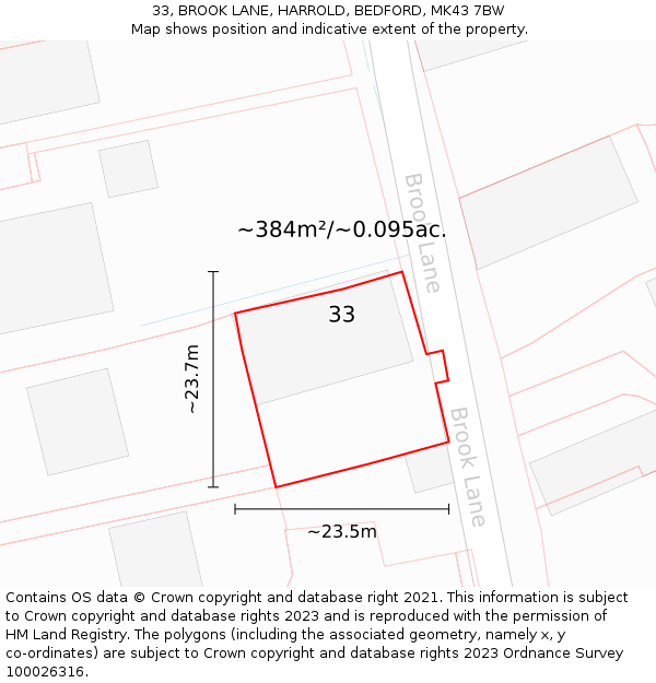 33, BROOK LANE, HARROLD, BEDFORD, MK43 7BW: Plot and title map