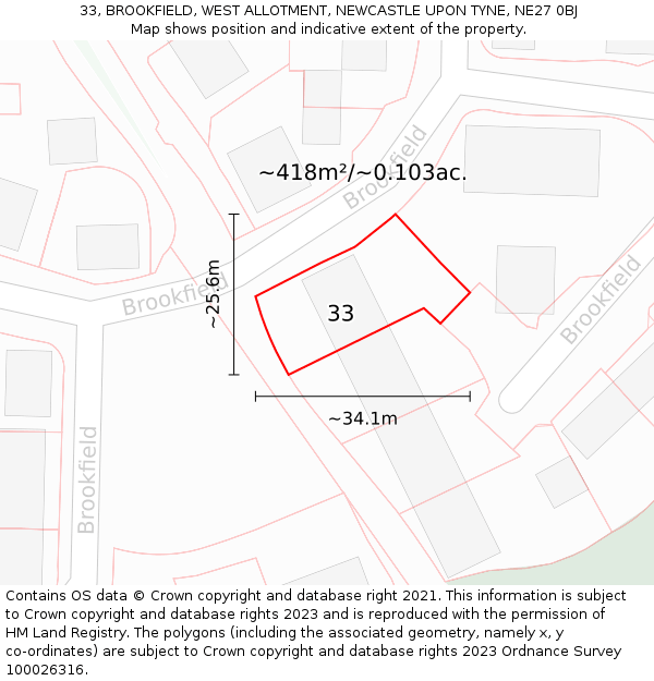 33, BROOKFIELD, WEST ALLOTMENT, NEWCASTLE UPON TYNE, NE27 0BJ: Plot and title map