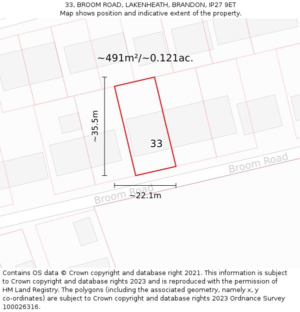 33, BROOM ROAD, LAKENHEATH, BRANDON, IP27 9ET: Plot and title map