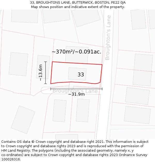 33, BROUGHTONS LANE, BUTTERWICK, BOSTON, PE22 0JA: Plot and title map