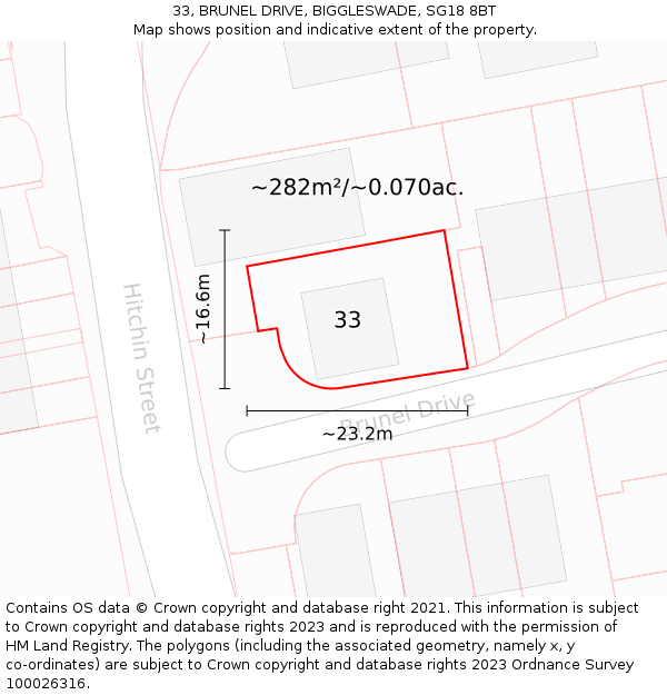 33, BRUNEL DRIVE, BIGGLESWADE, SG18 8BT: Plot and title map