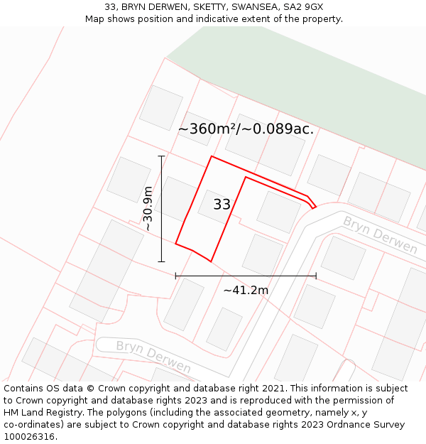 33, BRYN DERWEN, SKETTY, SWANSEA, SA2 9GX: Plot and title map