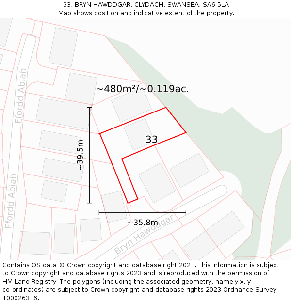 33, BRYN HAWDDGAR, CLYDACH, SWANSEA, SA6 5LA: Plot and title map