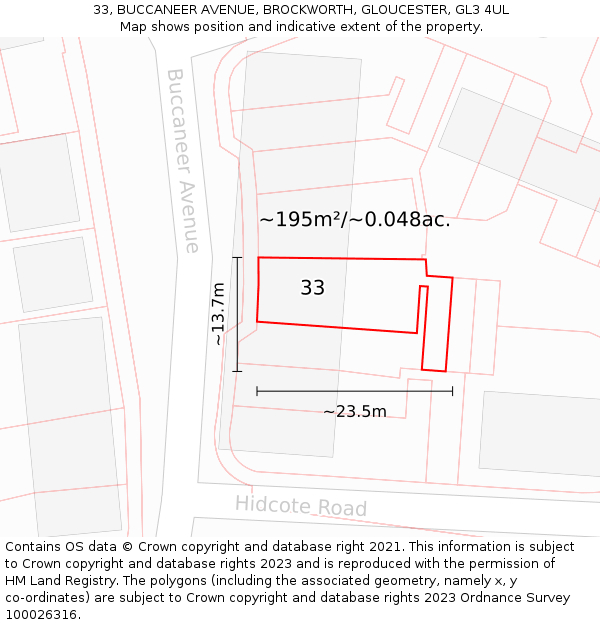 33, BUCCANEER AVENUE, BROCKWORTH, GLOUCESTER, GL3 4UL: Plot and title map