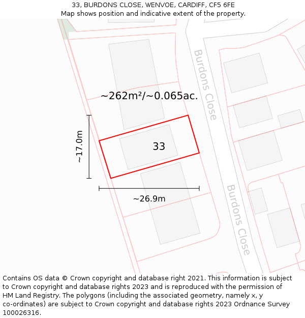 33, BURDONS CLOSE, WENVOE, CARDIFF, CF5 6FE: Plot and title map