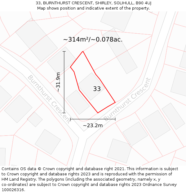 33, BURNTHURST CRESCENT, SHIRLEY, SOLIHULL, B90 4UJ: Plot and title map