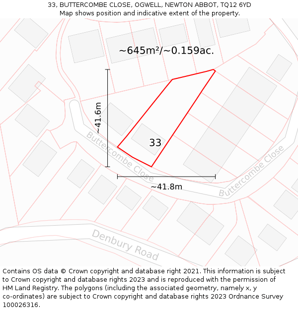 33, BUTTERCOMBE CLOSE, OGWELL, NEWTON ABBOT, TQ12 6YD: Plot and title map