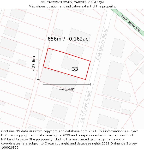 33, CAEGWYN ROAD, CARDIFF, CF14 1QN: Plot and title map