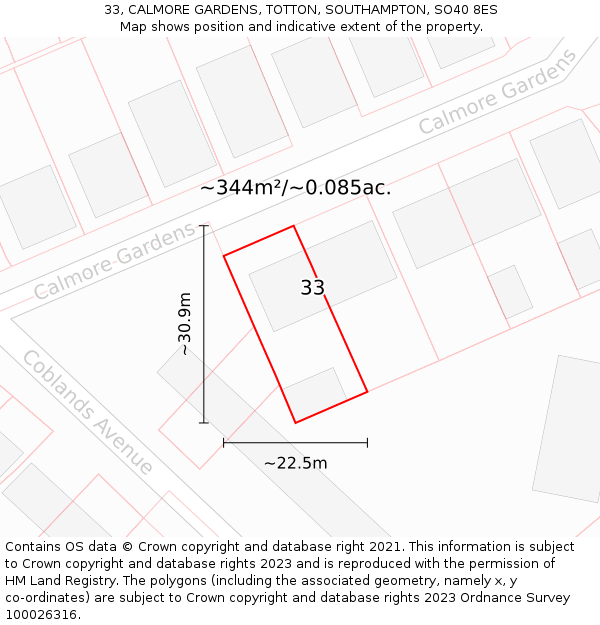 33, CALMORE GARDENS, TOTTON, SOUTHAMPTON, SO40 8ES: Plot and title map