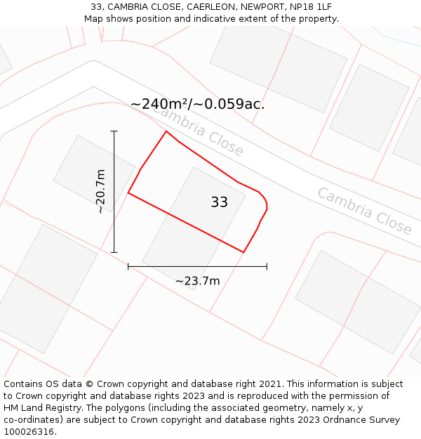 33, CAMBRIA CLOSE, CAERLEON, NEWPORT, NP18 1LF: Plot and title map
