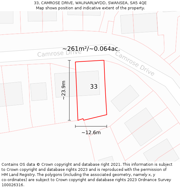 33, CAMROSE DRIVE, WAUNARLWYDD, SWANSEA, SA5 4QE: Plot and title map